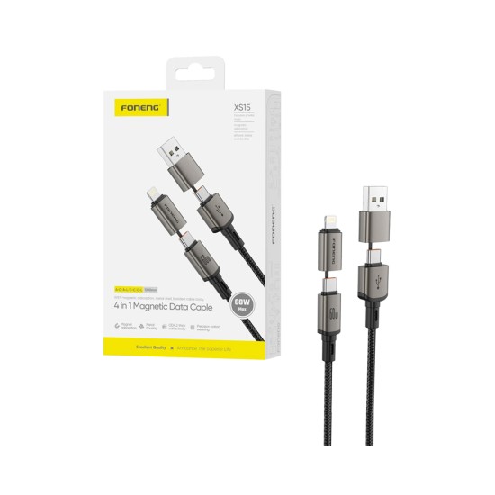 Cabo Foneng XS15 Braided 4-em-1 USB/Tipo-C to Lightning/Tipo-C 60W 1.2M Preto